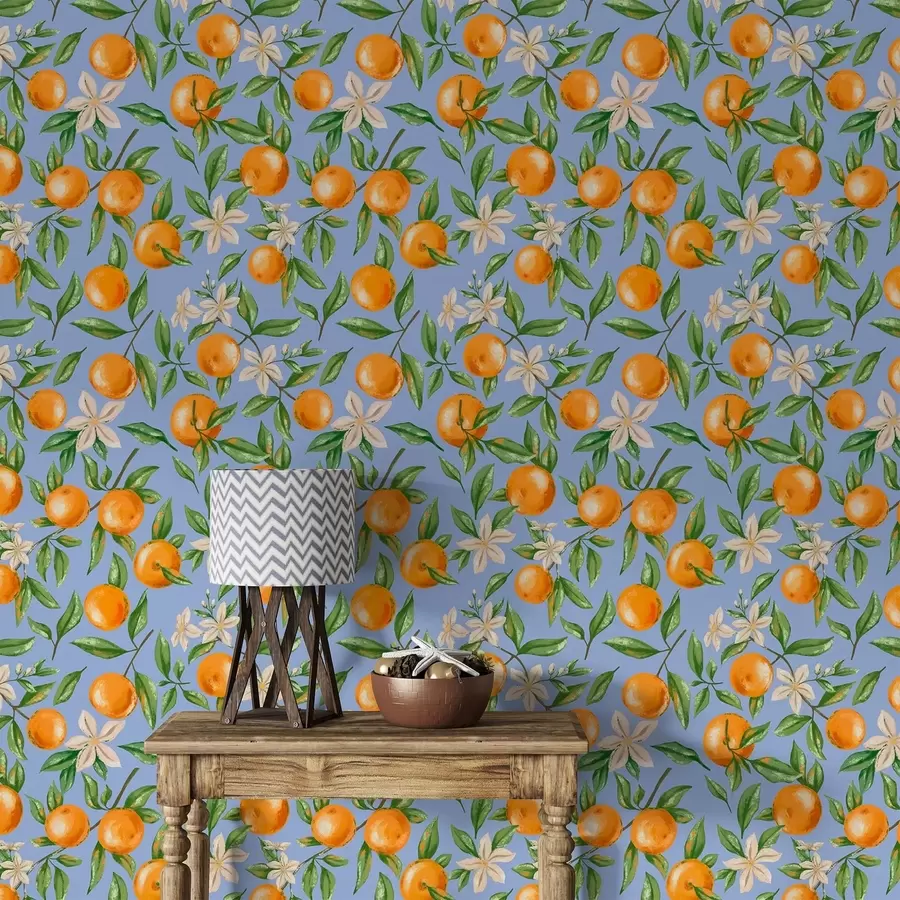 peintures murales Des oranges, des feuilles vertes et des fleurs blanches sur fond bleu a01262v2