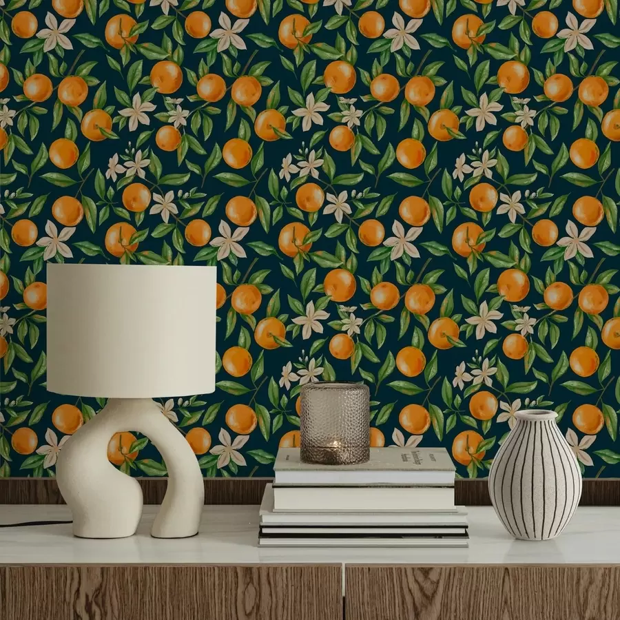 peintures murales Des oranges, des feuilles vertes et des fleurs blanches sur fond sombre a01262v3