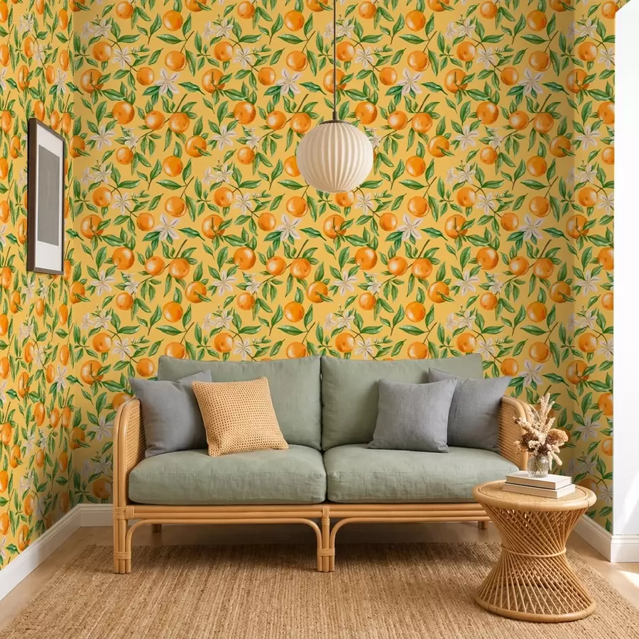 peintures murales Des oranges, des feuilles vertes et des fleurs blanches sur fond jaune a01262v4