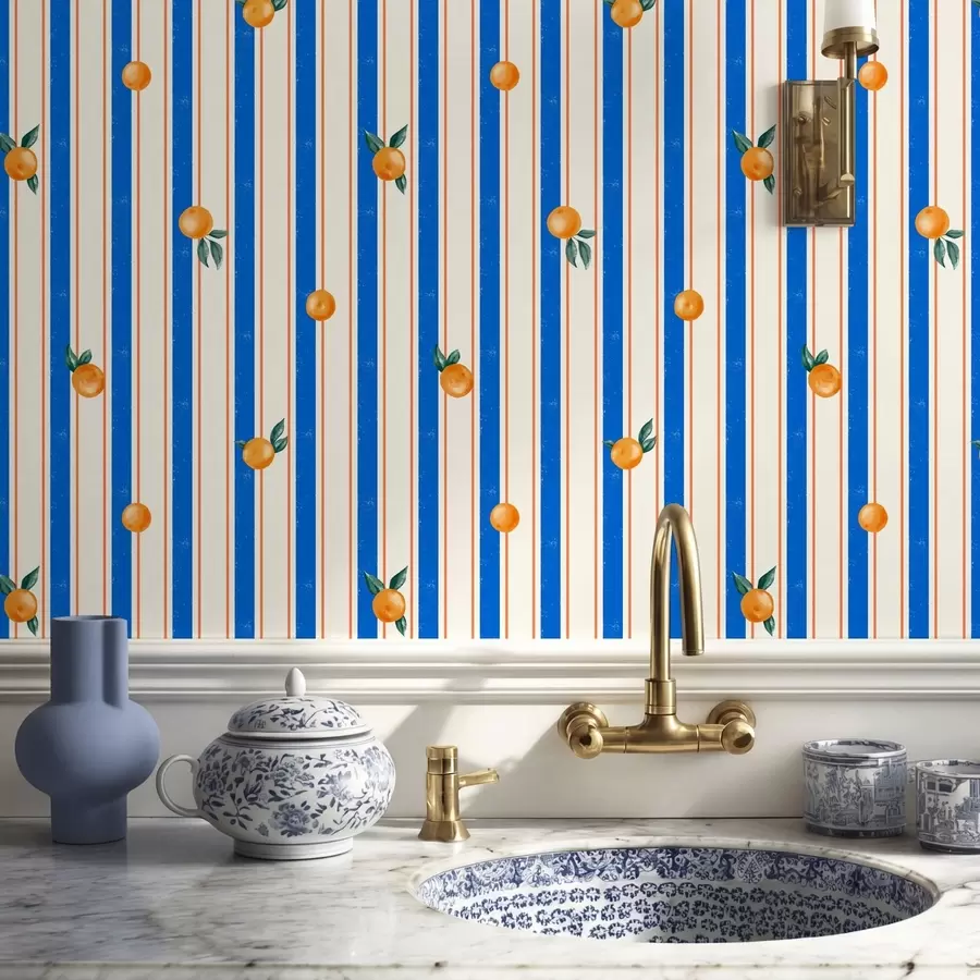 peintures murales Fruit orange sur fond rayé bleu et crème a01263
