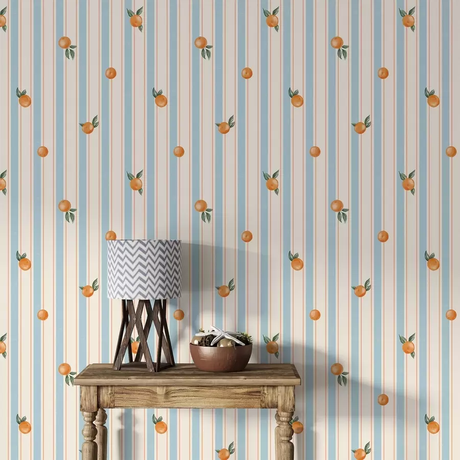 peintures murales Fruit orange sur fond de rayures bleu pâle et crème a01263v1