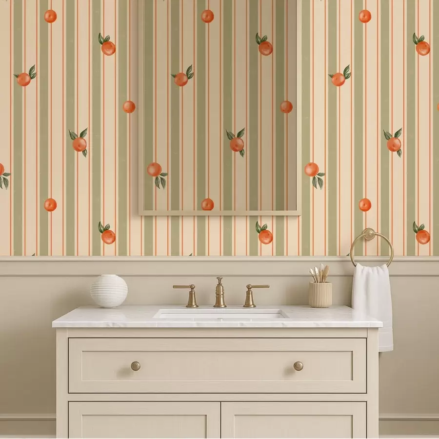 peintures murales Fruit orange sur fond rayé olive et crème a01263v3
