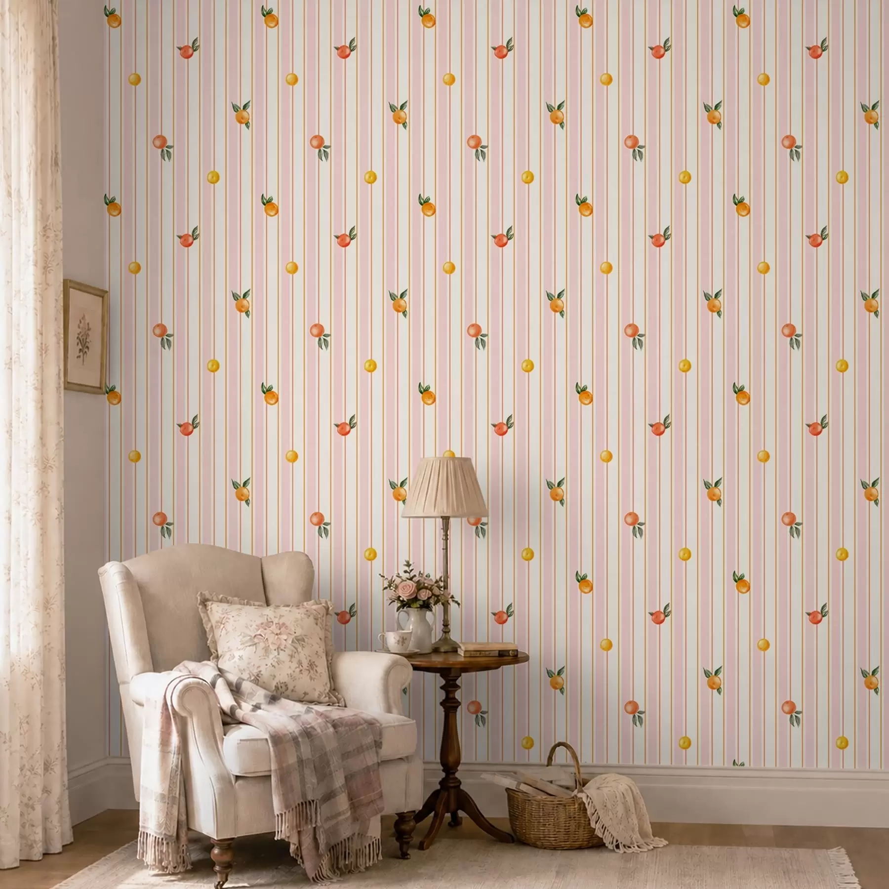 peintures murales Fruit orange sur fond rayé rose et crème a01263v4