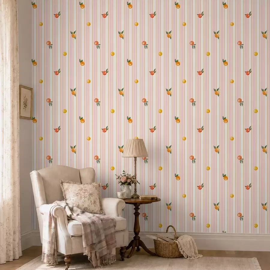peintures murales Fruit orange sur fond rayé rose et crème a01263v4