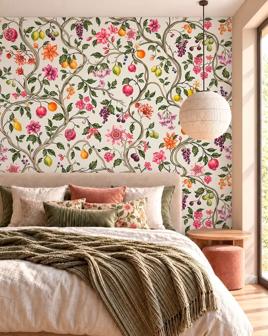 Wall Mural Photo Wallpaper Twining branches with flowers, fruit and green leaves w05862