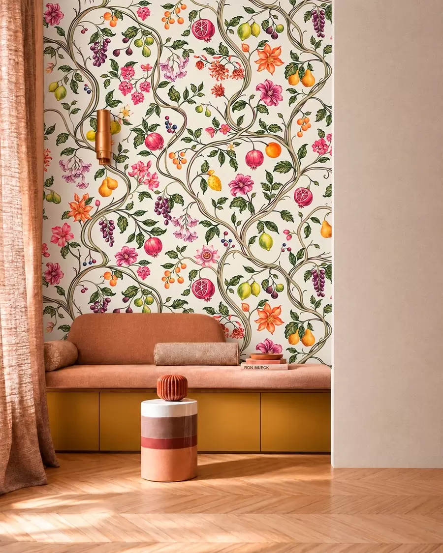 Wall Mural Photo Wallpaper Twining branches with flowers, fruit and green leaves w05862