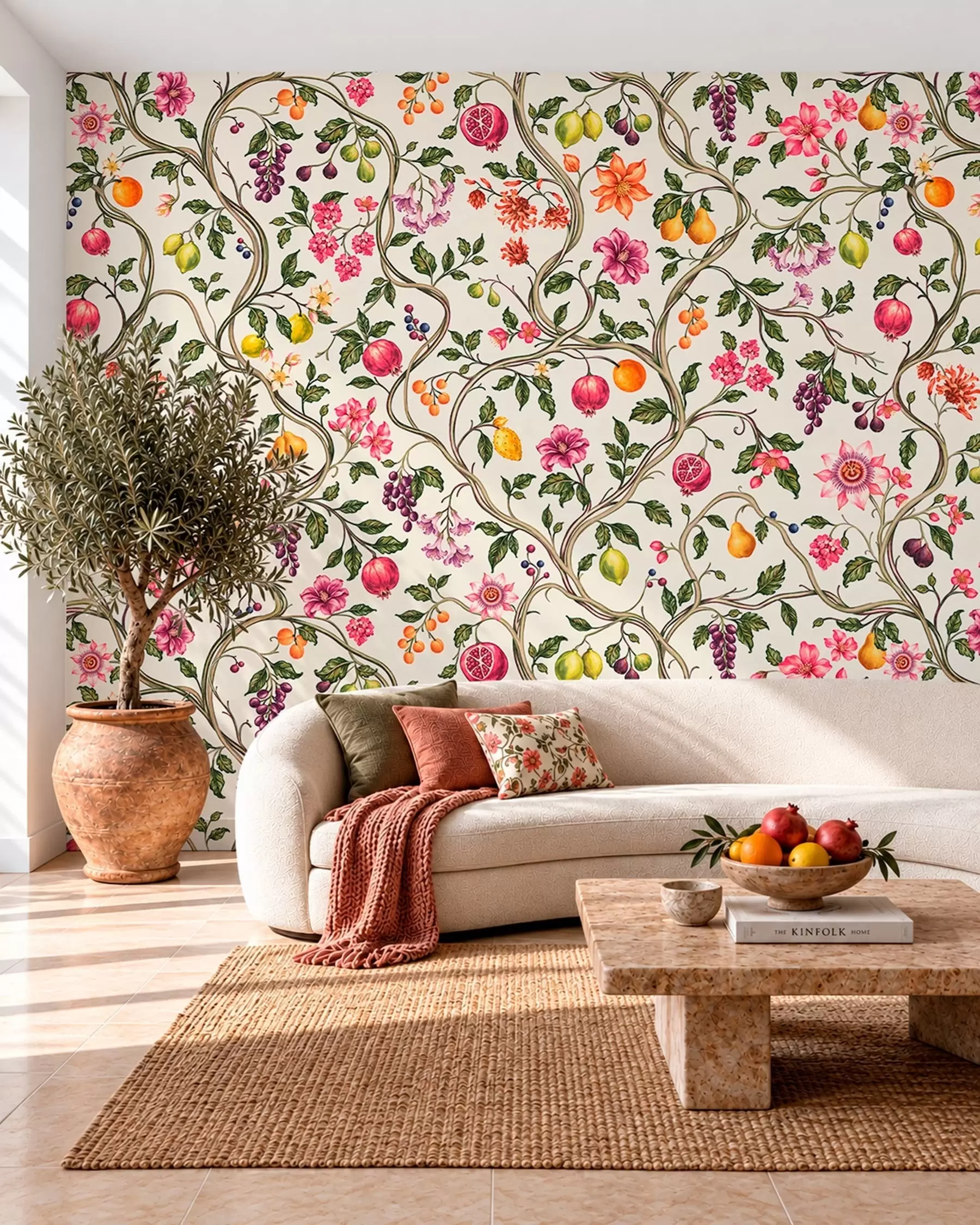 Wall Mural Photo Wallpaper Twining branches with flowers, fruit and green leaves w05862