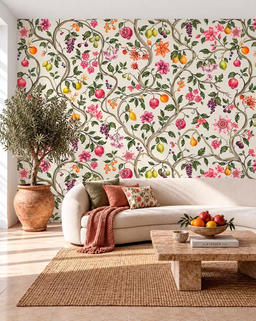 Wall Mural Photo Wallpaper Twining branches with flowers, fruit and green leaves w05862