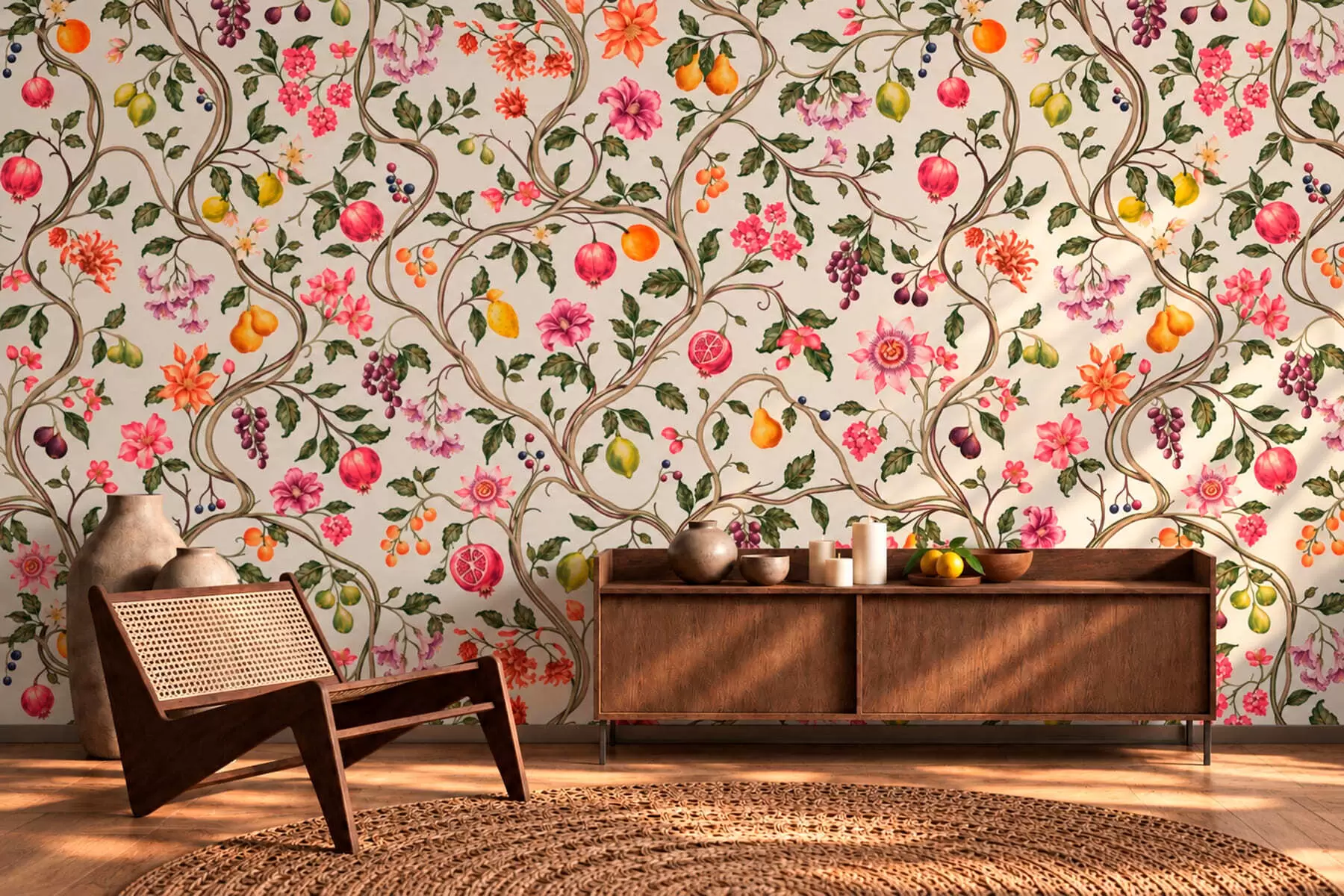 Wall Mural Photo Wallpaper Twining branches with flowers, fruit and green leaves w05862