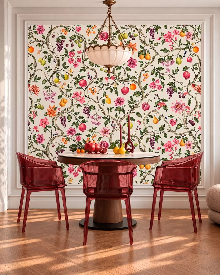 wall murals Twining branches with flowers, fruit and green leaves w05862