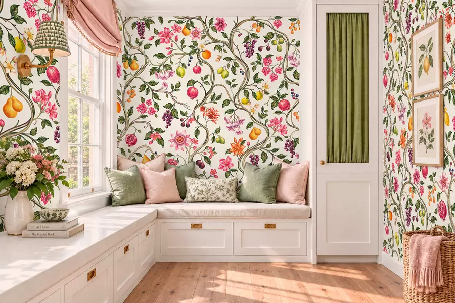 peintures murales Des branches entrelacées, ornées de fleurs, de fruits et de feuilles vertes w05862