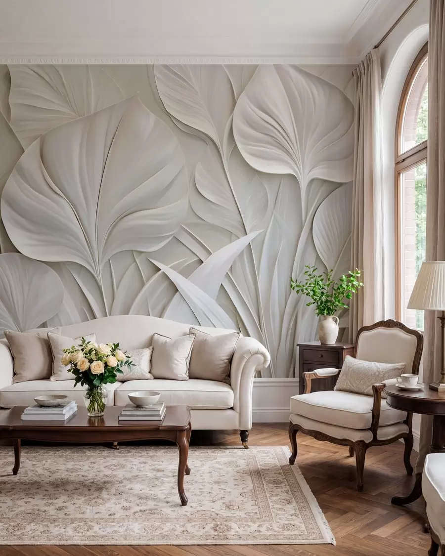 Wall Mural Photo Wallpaper Large leaves in a bas-relief style w10074