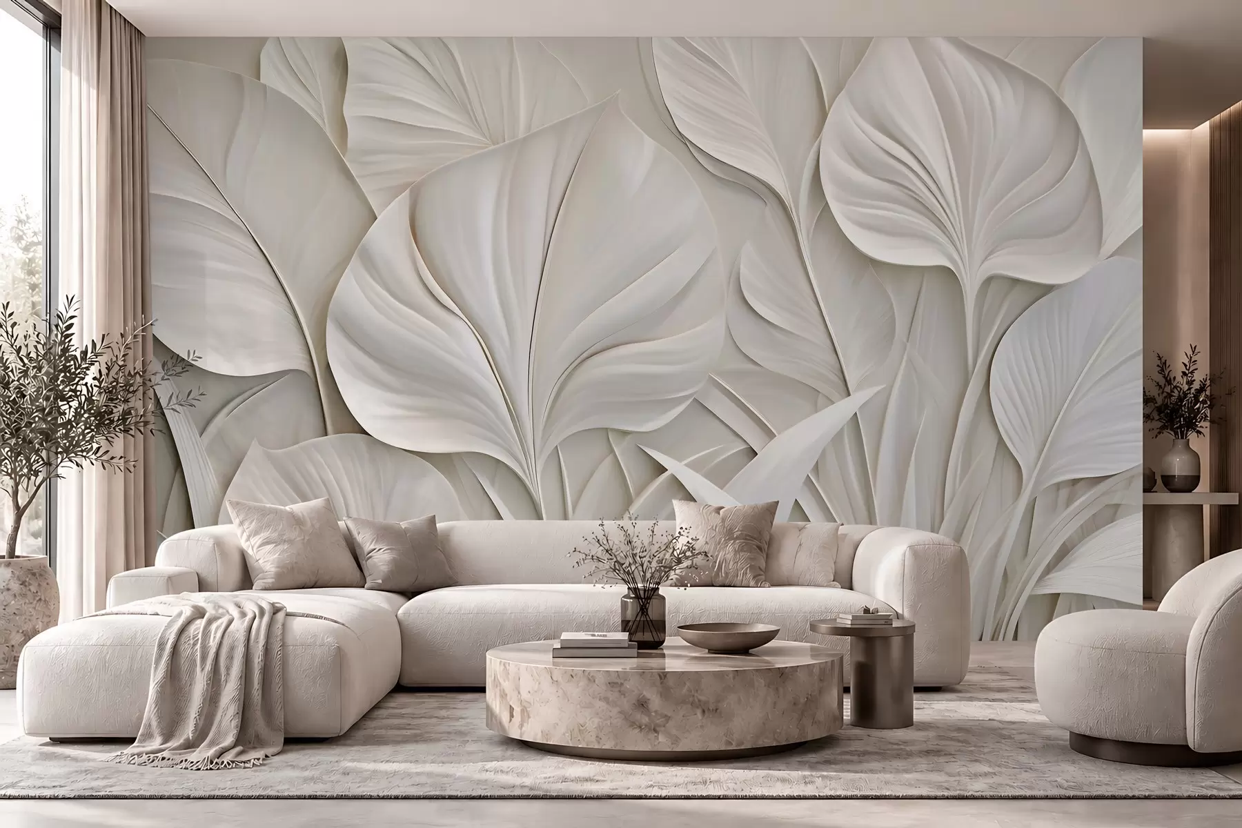 wall murals Large leaves in a bas-relief style w10074