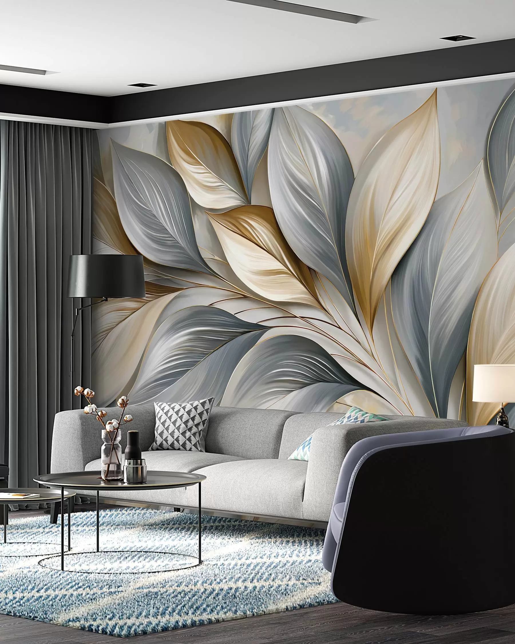peintures murales Feuilles sculptées bleues w10076