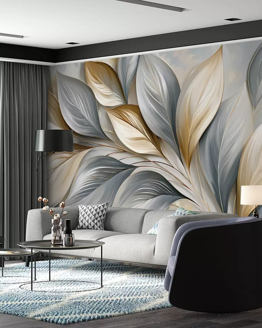 murales Hojas esculpidas azules w10076