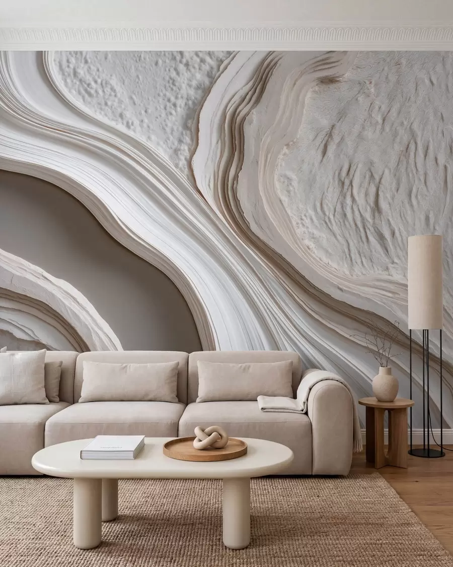 wall murals Imitation of wavy textured plaster in cream-beige tones with a 3D effect w10042