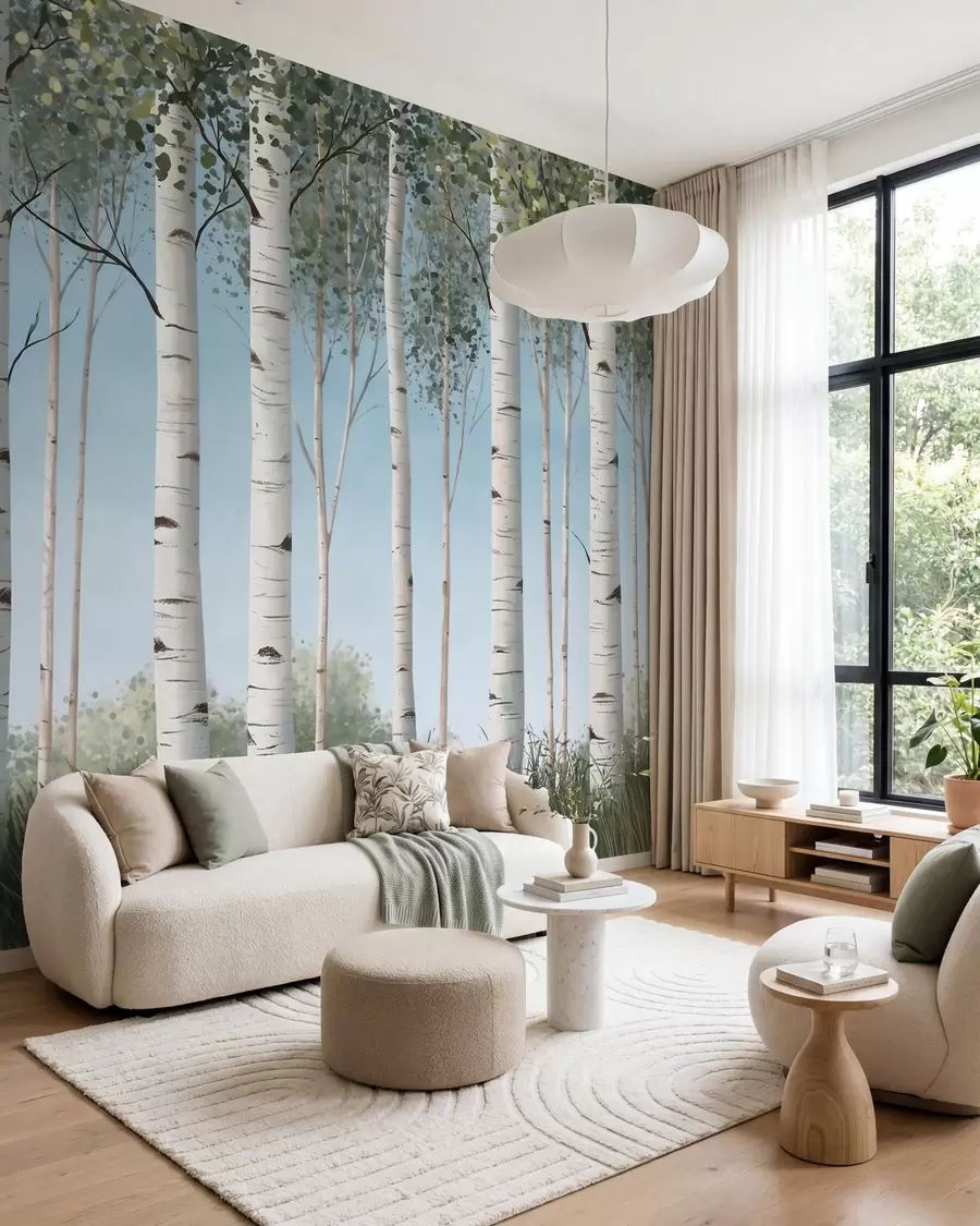 Wall Mural Photo Wallpaper Birch grove with white trunks against a blue sky, watercolor style w10047