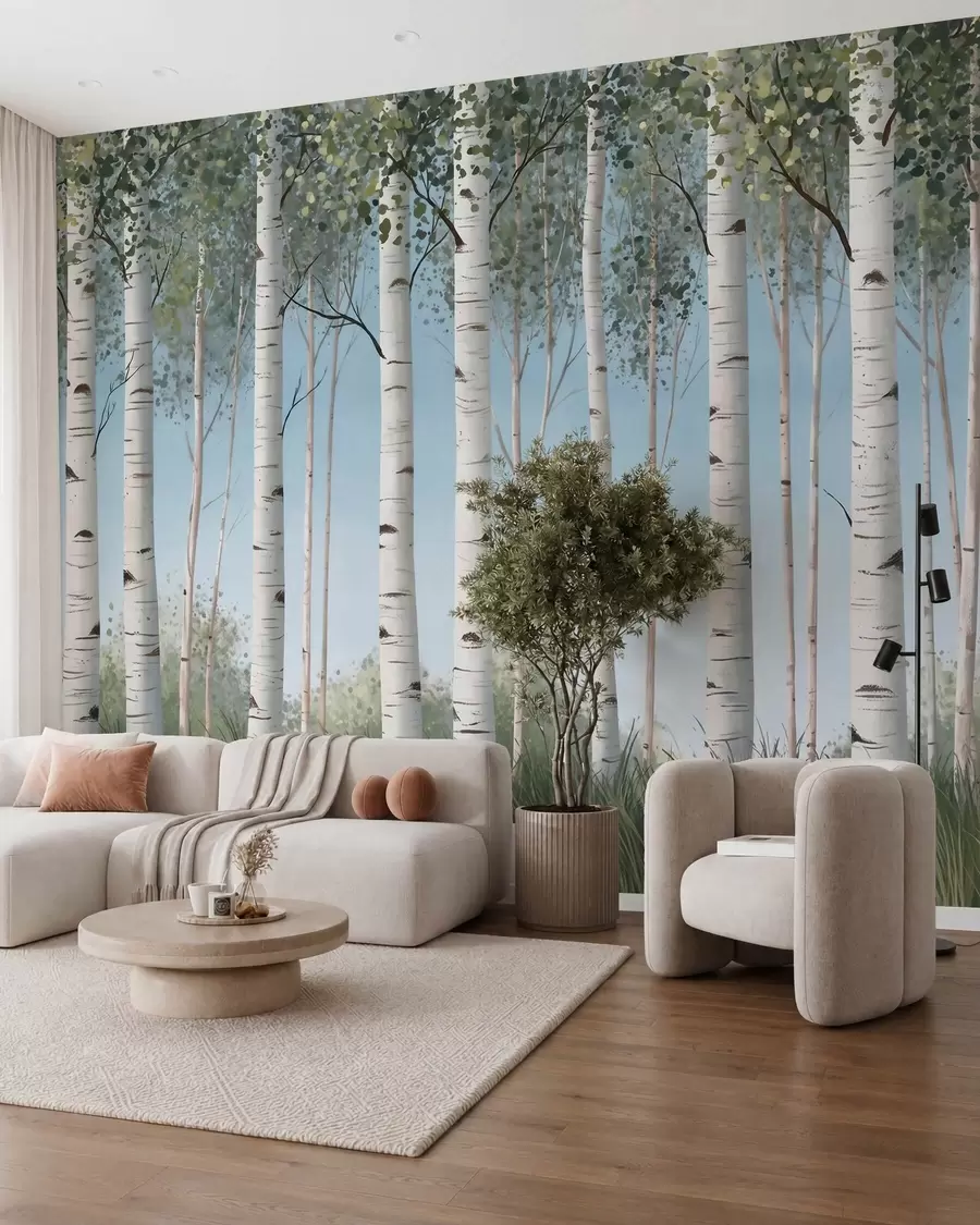 Wall Mural Photo Wallpaper Birch grove with white trunks against a blue sky, watercolor style w10047
