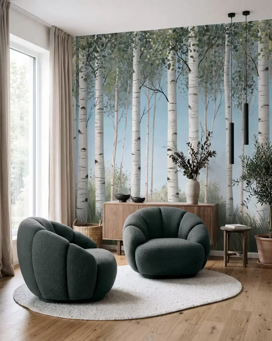 Wall Mural Photo Wallpaper Birch grove with white trunks against a blue sky, watercolor style w10047