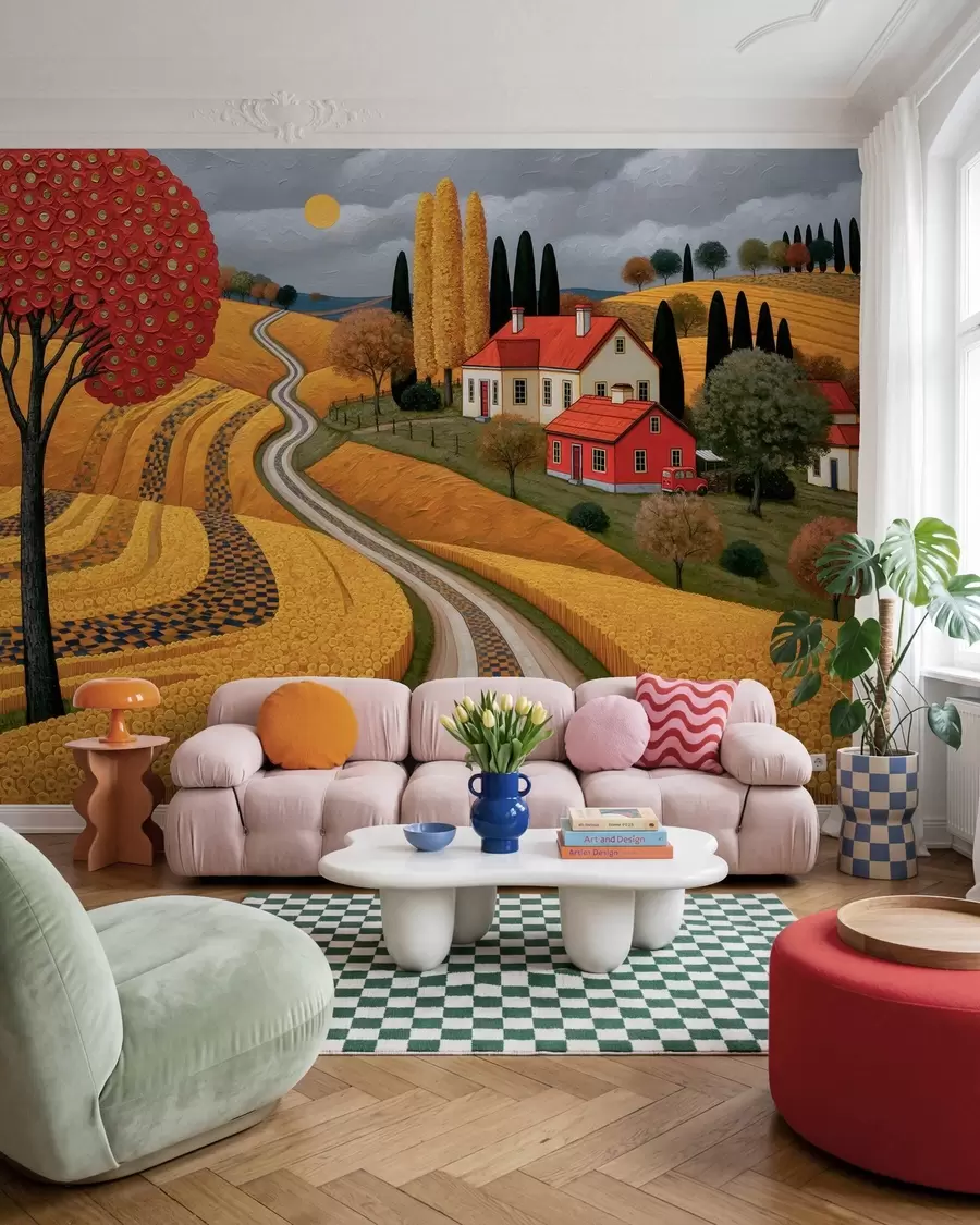 Wall Mural Photo Wallpaper Imitation of a picturesque Tuscan landscape in oil-painting strokes, with a red tree, a winding road, and a farmhouse w10049