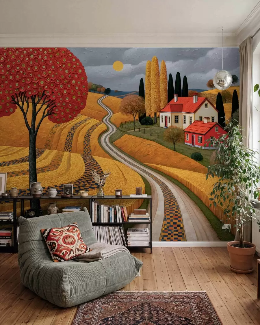 peintures murales Représentation d'un paysage toscan pittoresque, peinte à l'huile, avec un arbre rouge, une route sinueuse et une ferme w10049