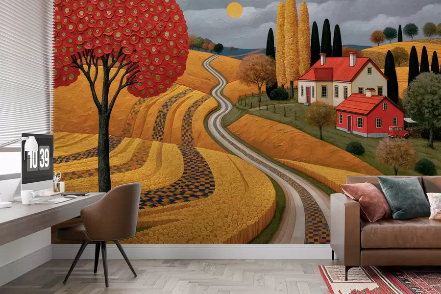 wall murals Imitation of a picturesque Tuscan landscape in oil-painting strokes, with a red tree, a winding road, and a farmhouse w10049