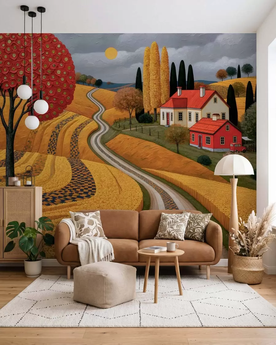 wall murals Imitation of a picturesque Tuscan landscape in oil-painting strokes, with a red tree, a winding road, and a farmhouse w10049