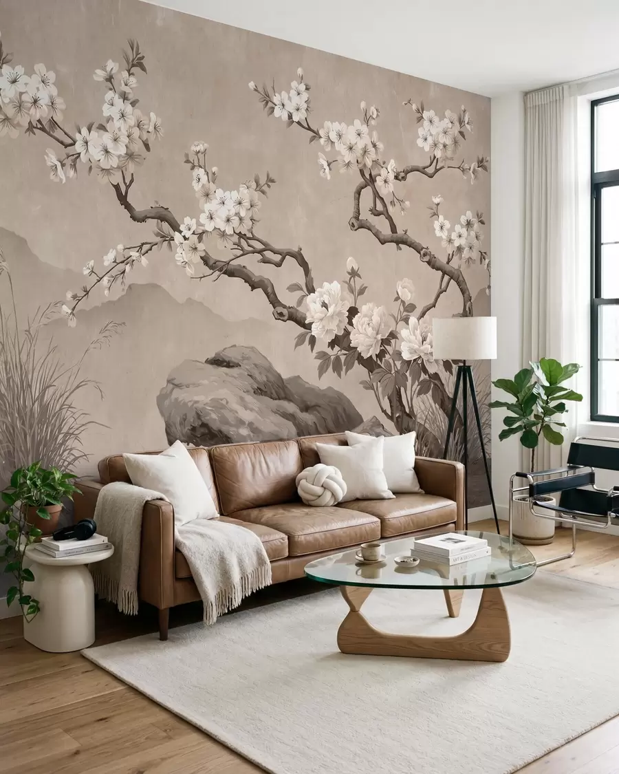 peintures murales Branche de cerisier en fleurs au-dessus de rochers dans des tons beige clair, style de peinture orientale w10052
