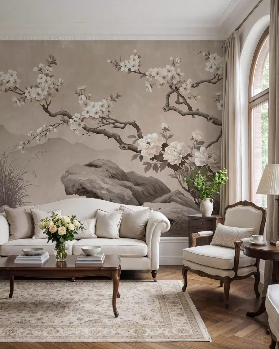 wall murals Blooming cherry blossom branch over rocks in light beige tones, oriental painting style w10052
