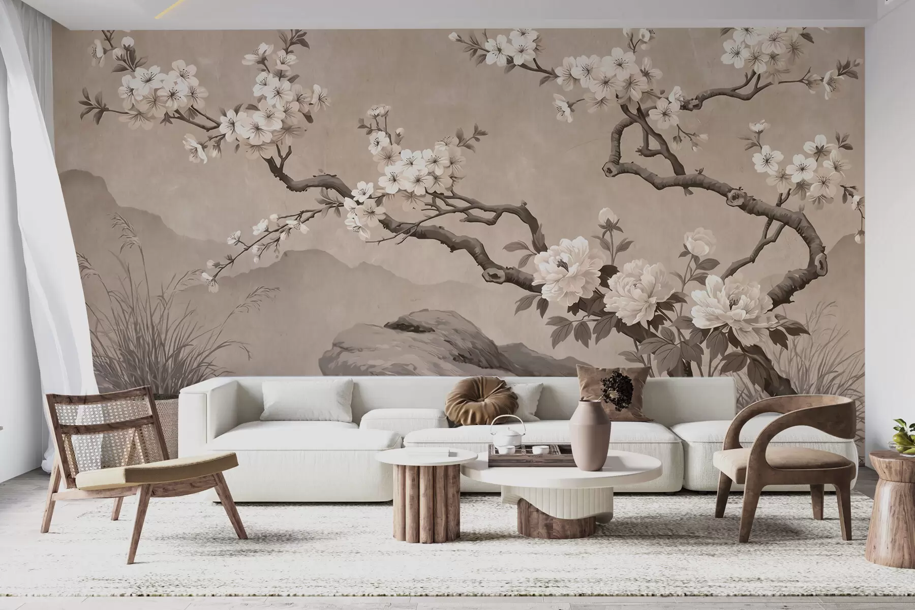murales Rama de cerezo en flor sobre rocas en tonos beige claro, al estilo de la pintura oriental w10052