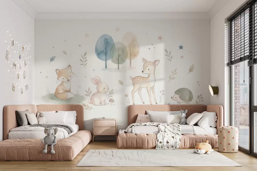 peintures murales Animaux de la forêt : renard, lapin, faon, hérisson, dans un style aquarelle w10068