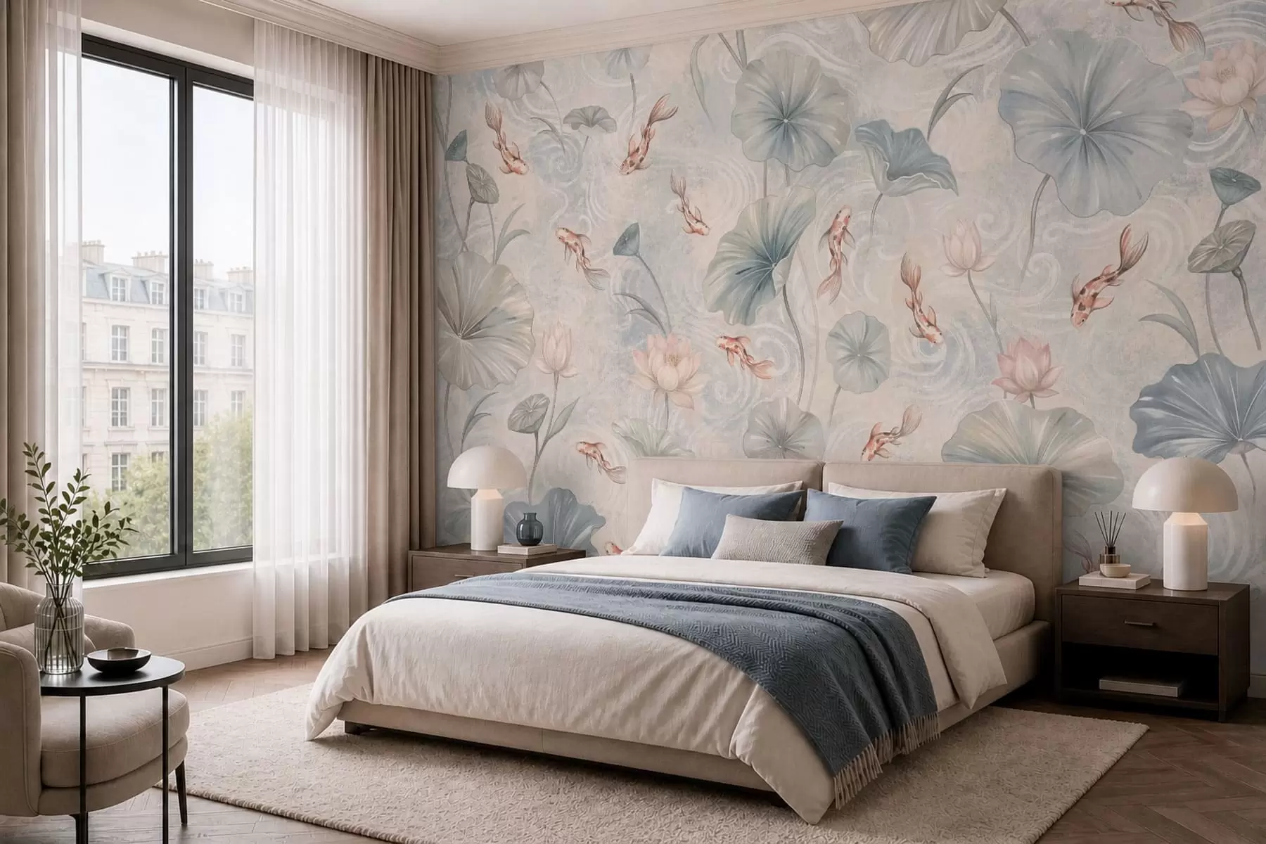 wall murals Koi fish among leaves and pink flowers on a pale background w05807