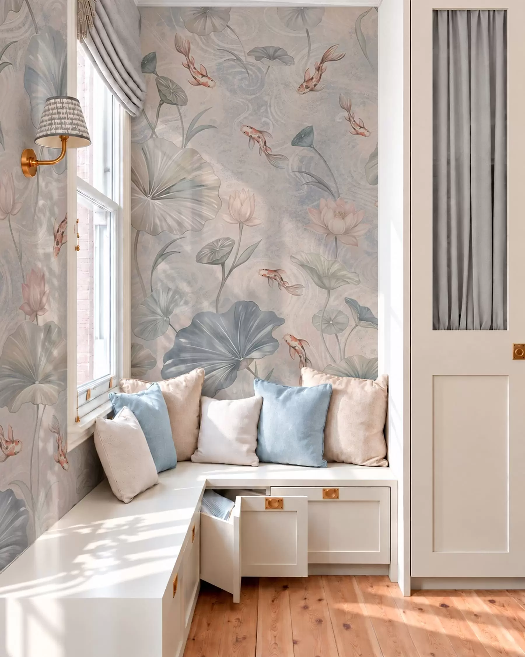 wall murals Koi fish among leaves and pink flowers on a pale background w05807