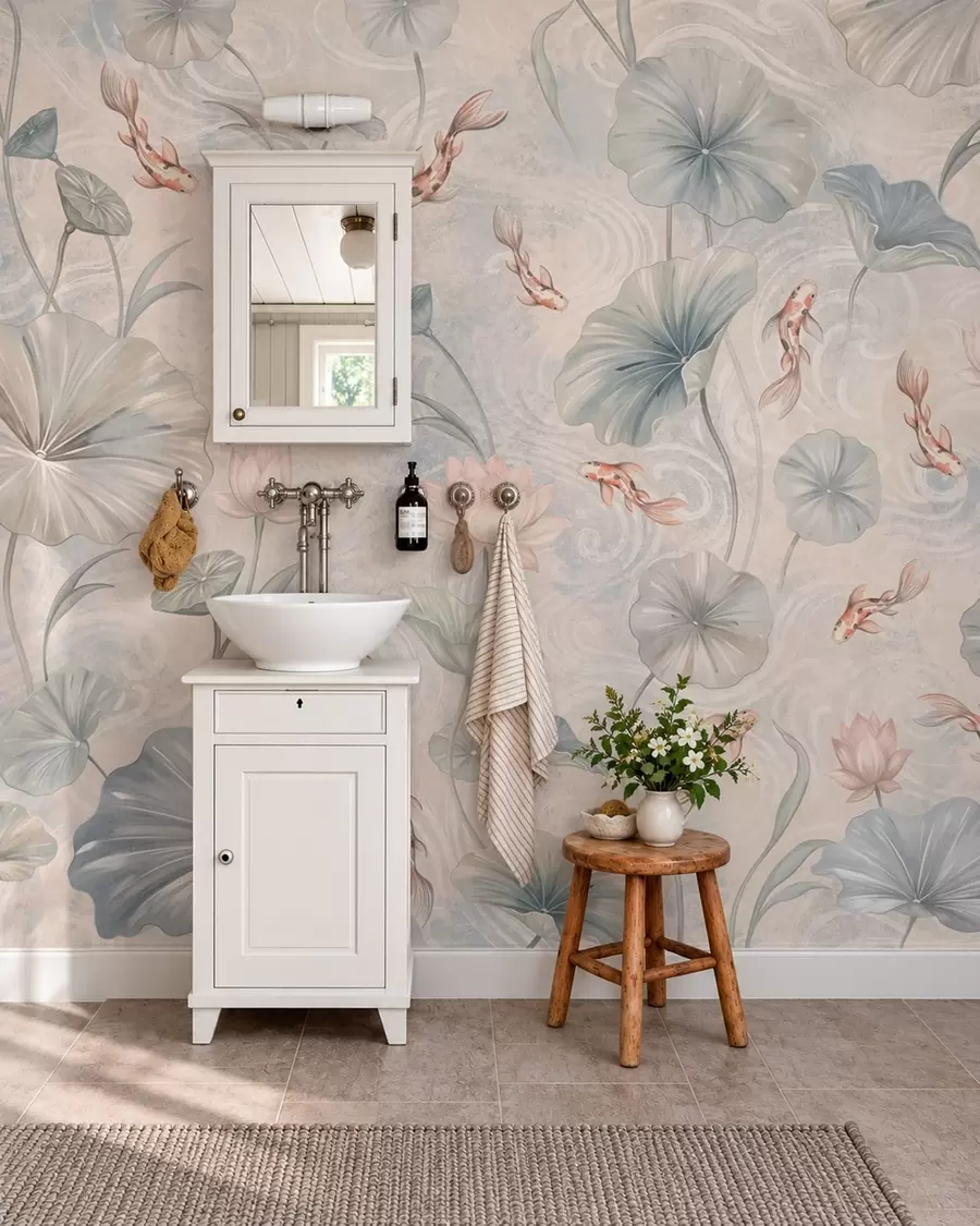 peintures murales Des carpes koï parmi des feuilles et des fleurs roses sur un fond clair w05807