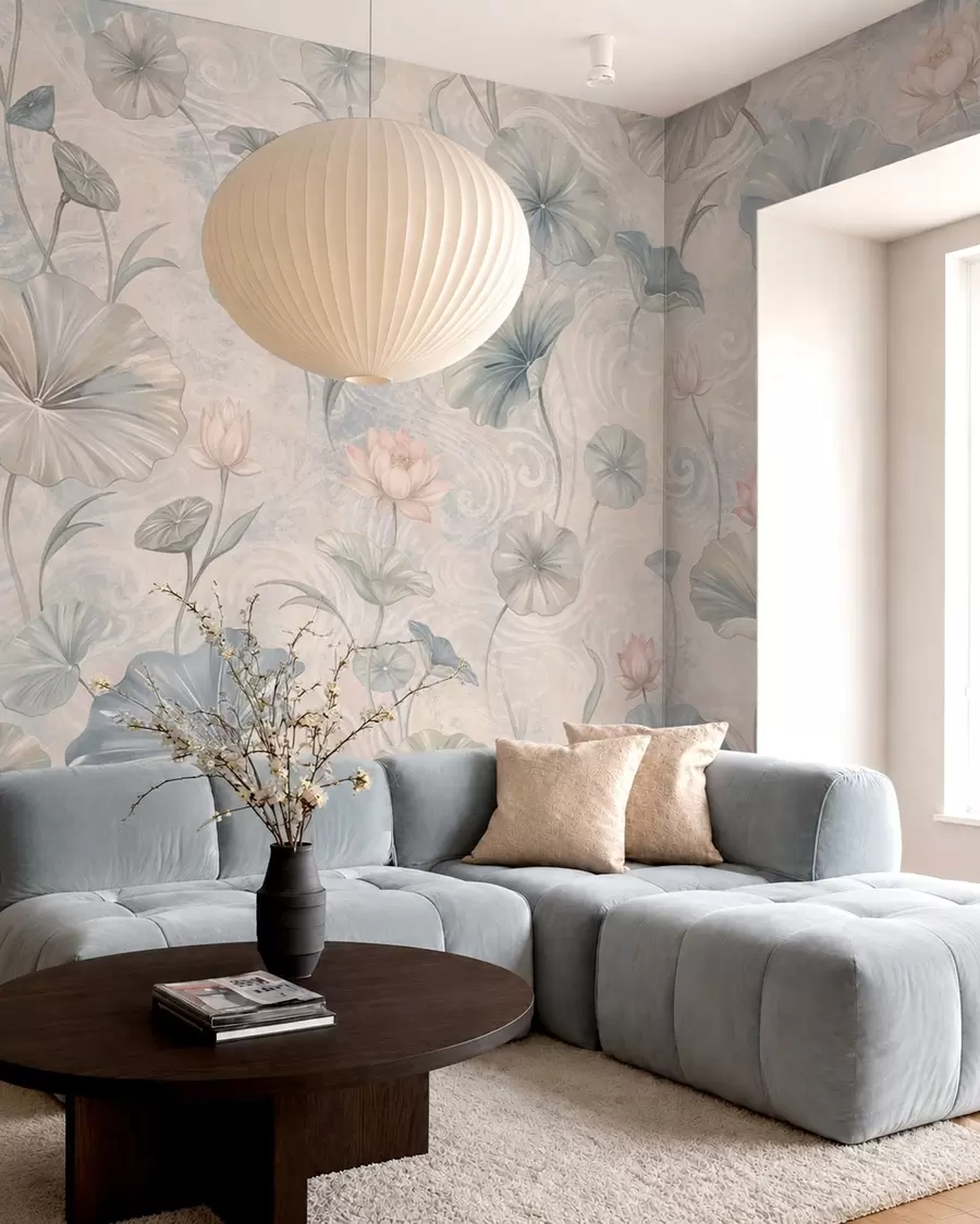 wall murals Large leaves and pink flowers on a pale background w05808