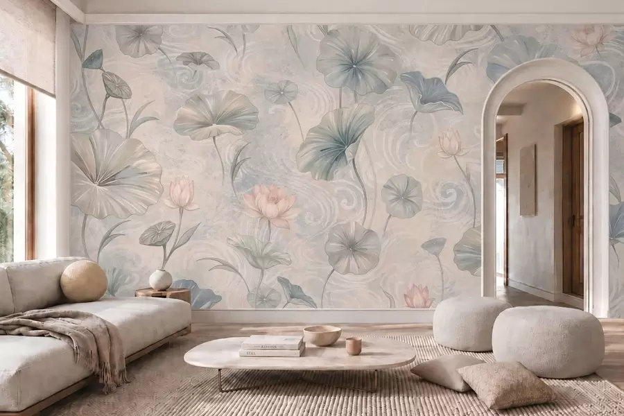 Wall Mural Photo Wallpaper Large leaves and pink flowers on a pale background w05808