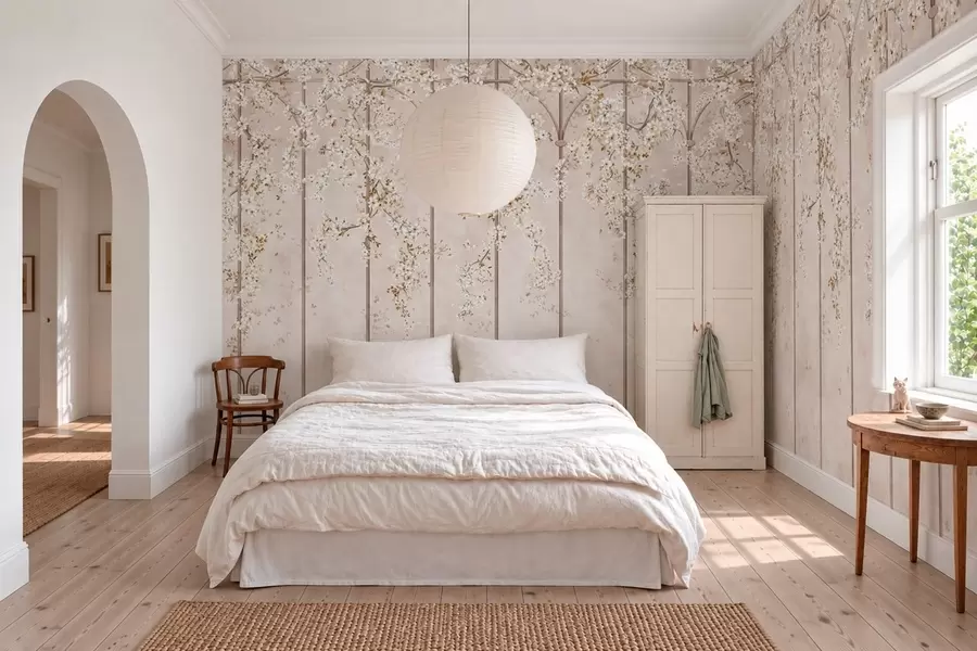 peintures murales Des branches blanches en fleurs sur un treillis décoratif w05923