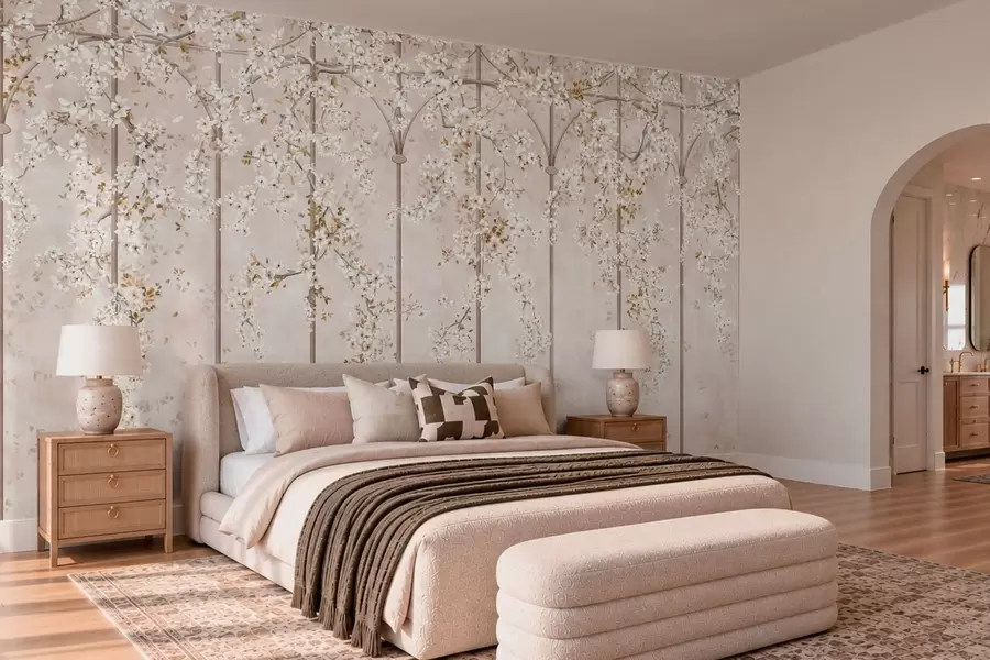 Wall Mural Photo Wallpaper Blooming white branches on a decorative trellis w05923