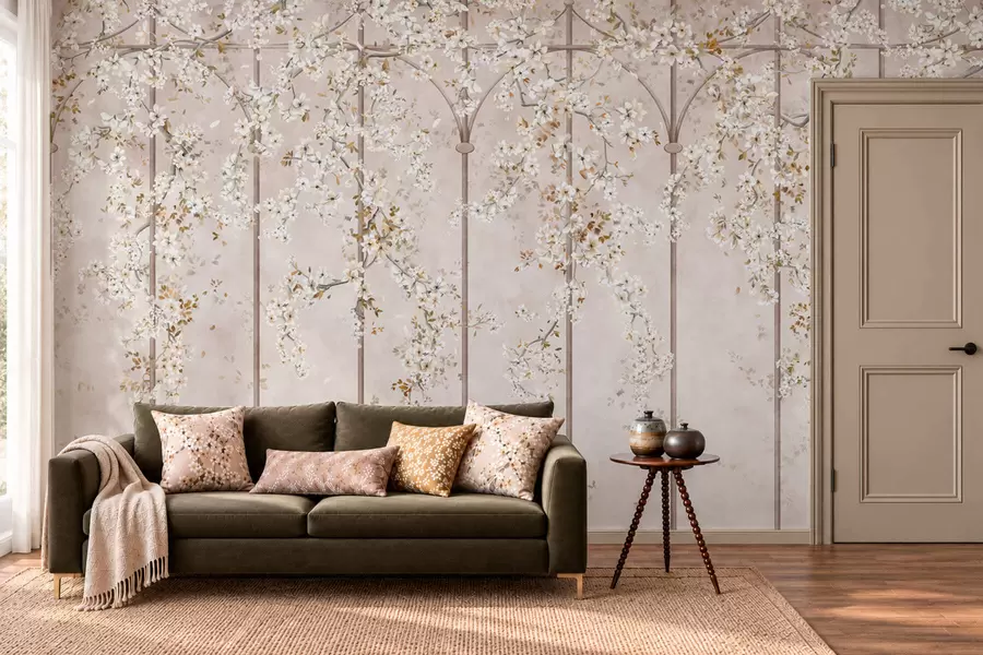 wall murals Blooming white branches on a decorative trellis w05923