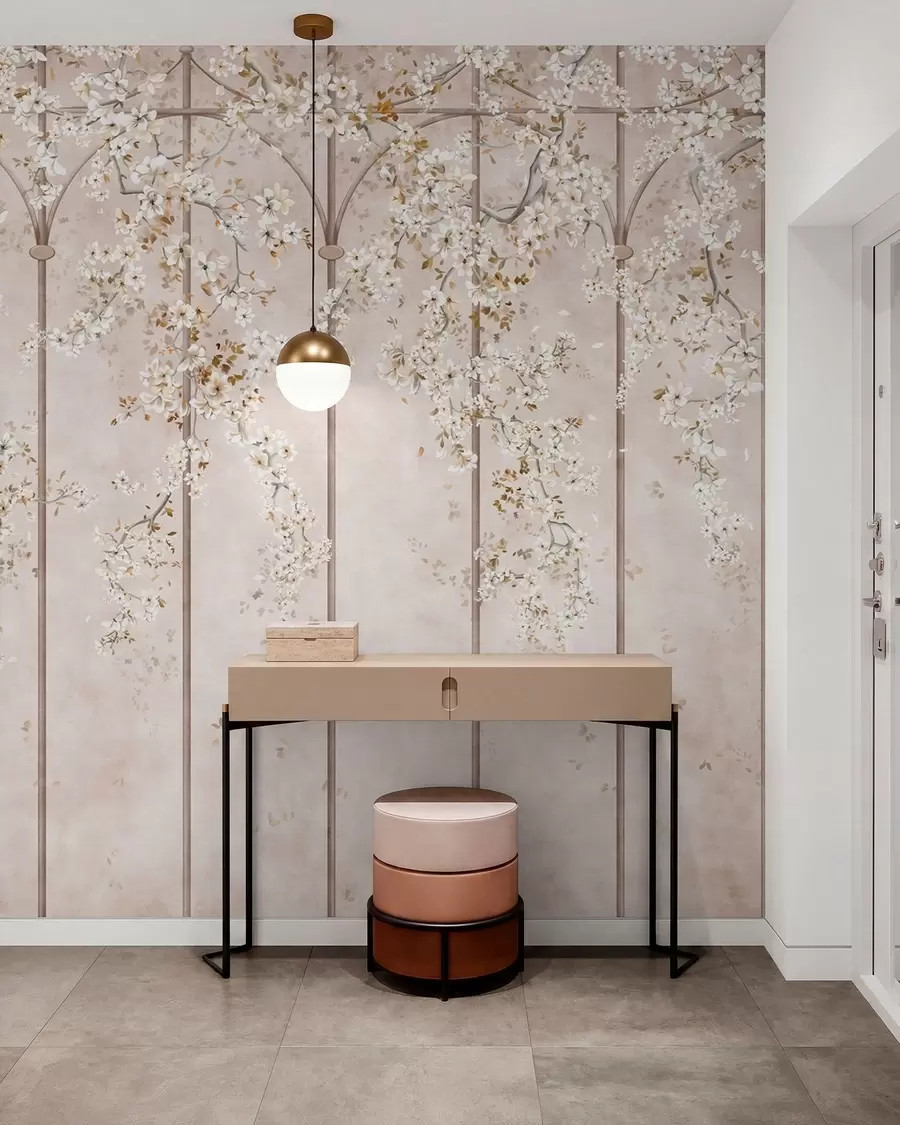 wall murals Blooming white branches on a decorative trellis w05923