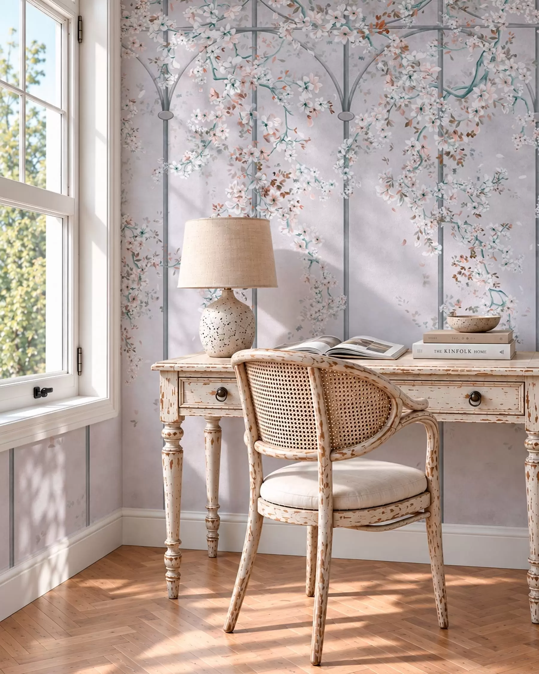 wall murals White flowering branches on a blue and gray decorative trellis w05923v1