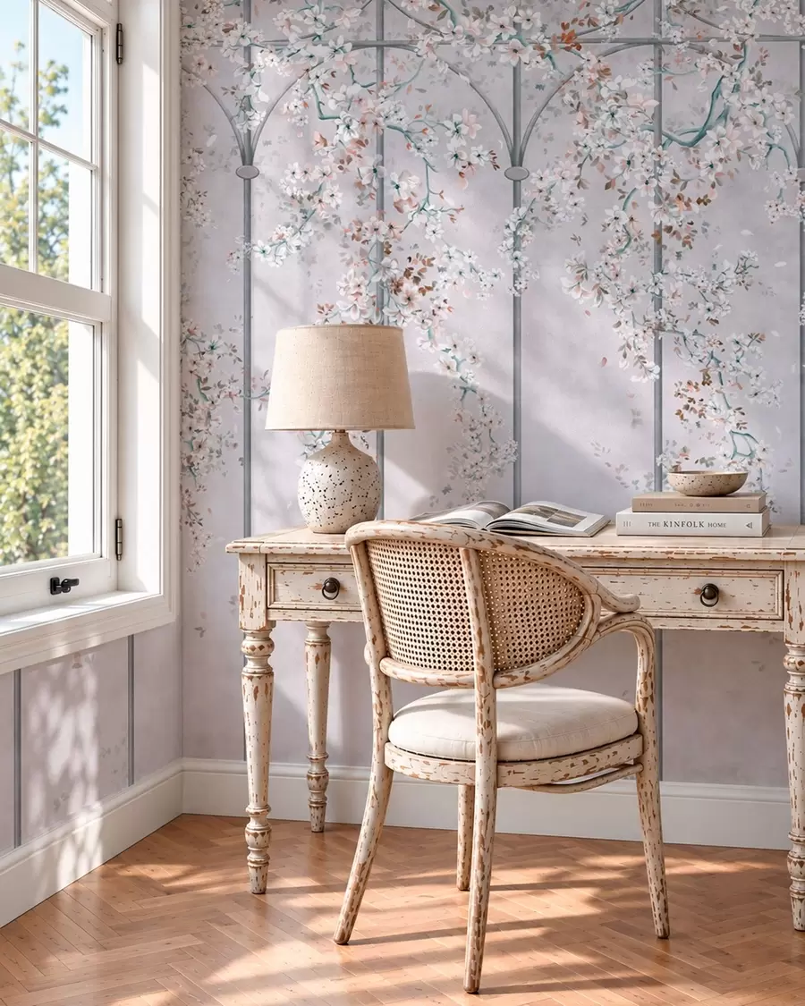 Wall Mural Photo Wallpaper White flowering branches on a blue and gray decorative trellis w05923v1