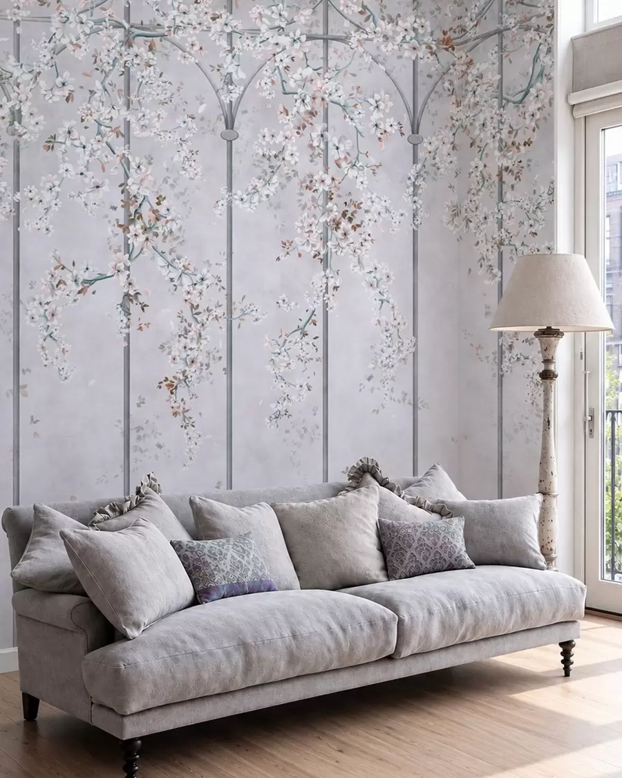 wall murals White flowering branches on a blue and gray decorative trellis w05923v1