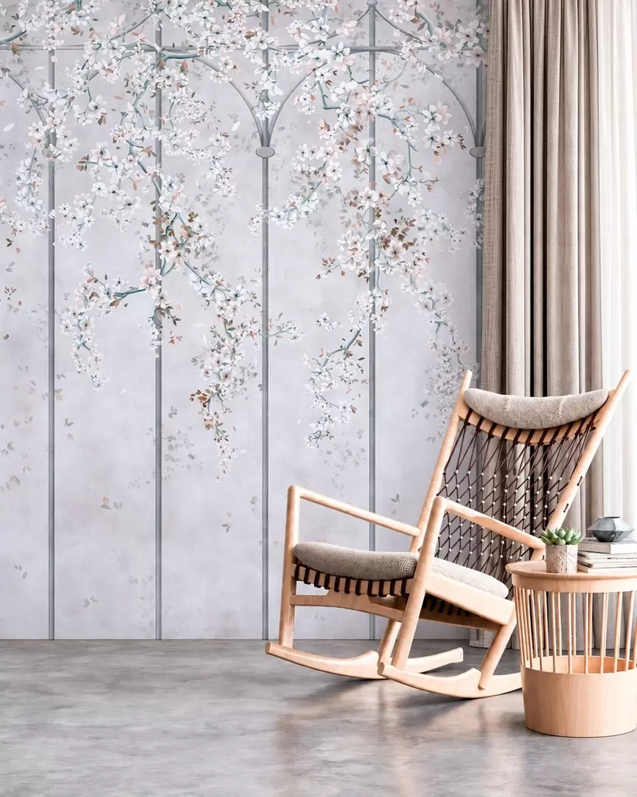 wall murals White flowering branches on a blue and gray decorative trellis w05923v1