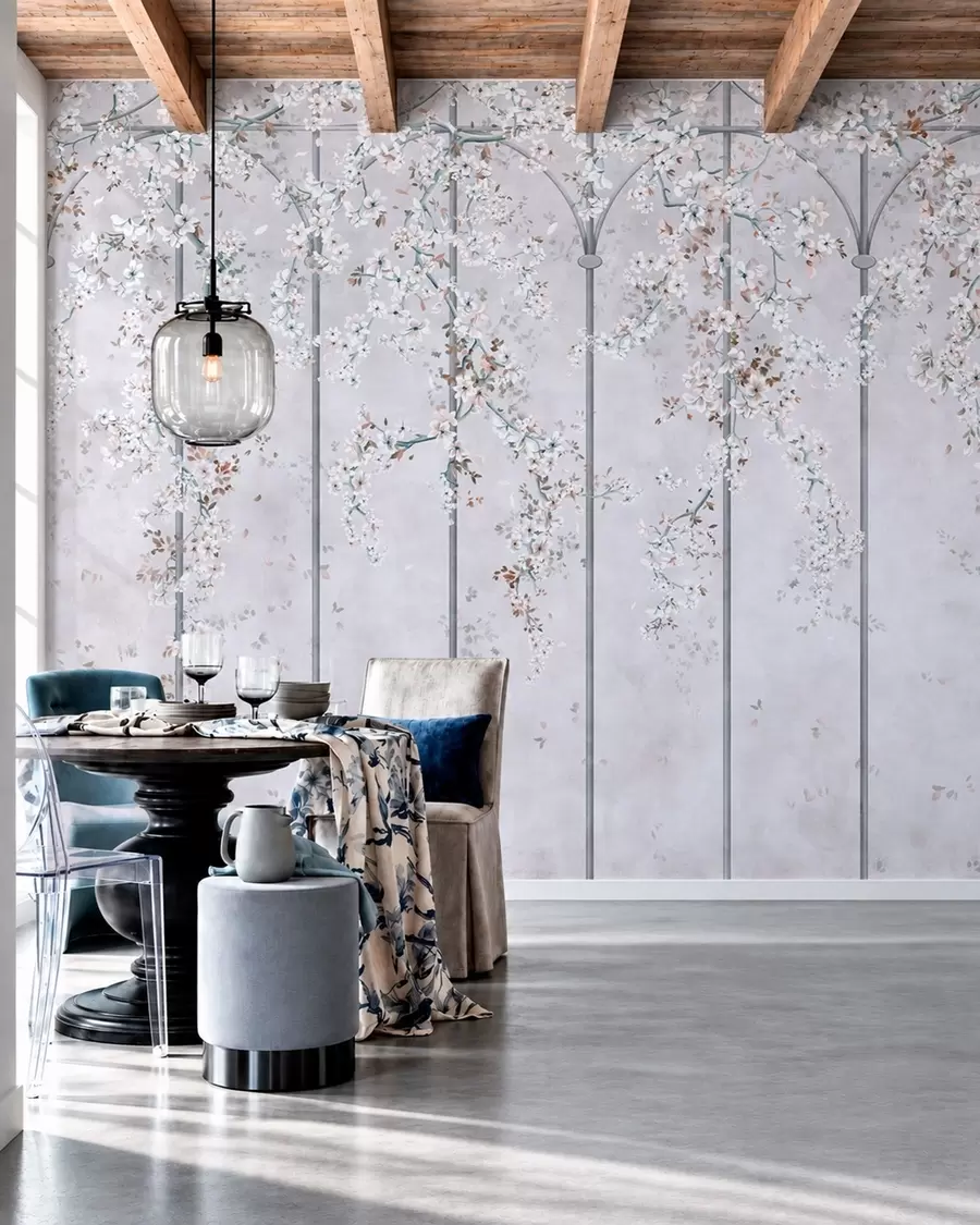 wall murals White flowering branches on a blue and gray decorative trellis w05923v1