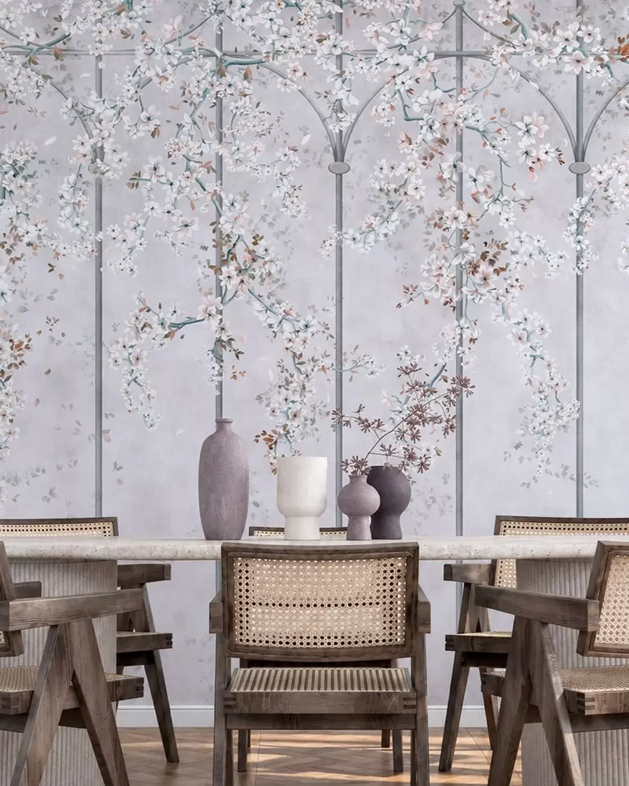 Wall Mural Photo Wallpaper White flowering branches on a blue and gray decorative trellis w05923v1
