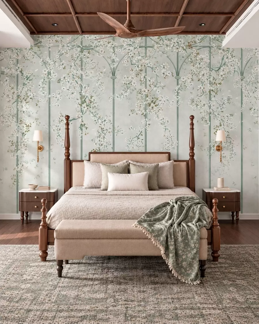 Wall Mural Photo Wallpaper White flowering branches on a green decorative trellis w05923v2