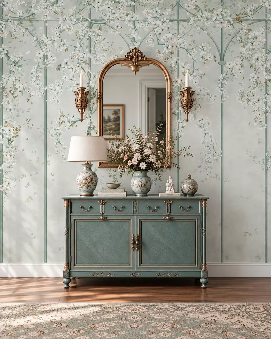 wall murals White flowering branches on a green decorative trellis w05923v2