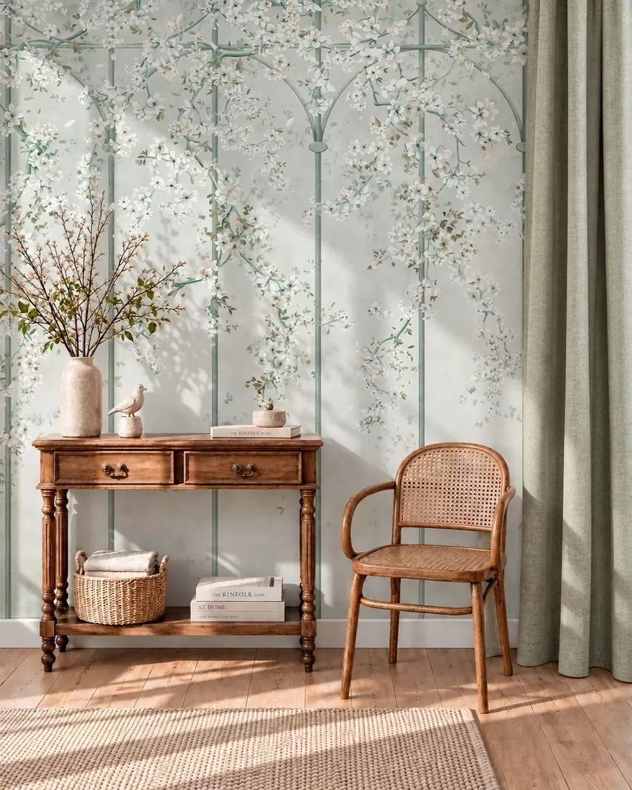 peintures murales Des branches fleuries blanches sur un treillis décoratif vert w05923v2