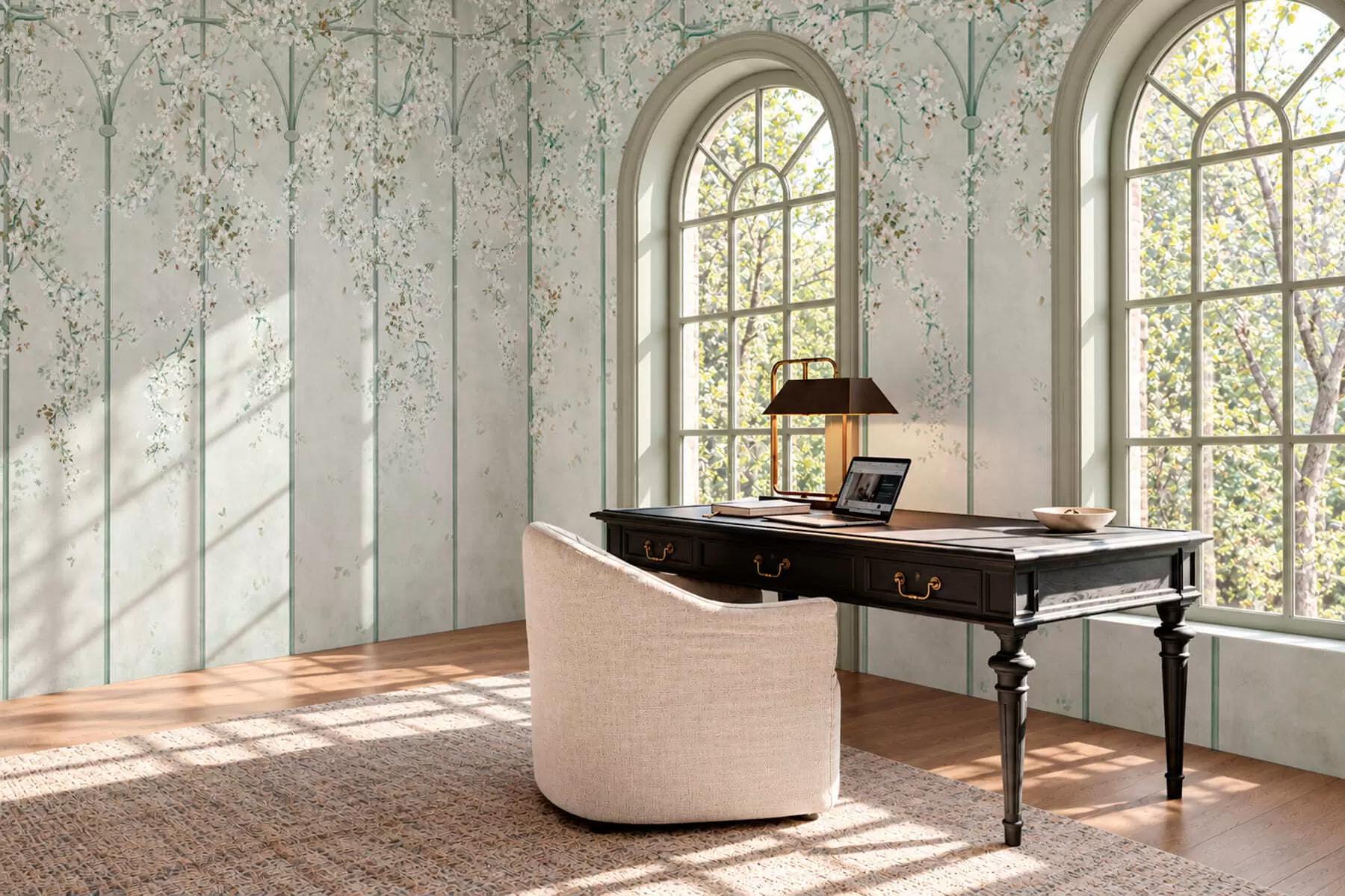Wall Mural Photo Wallpaper White flowering branches on a green decorative trellis w05923v2